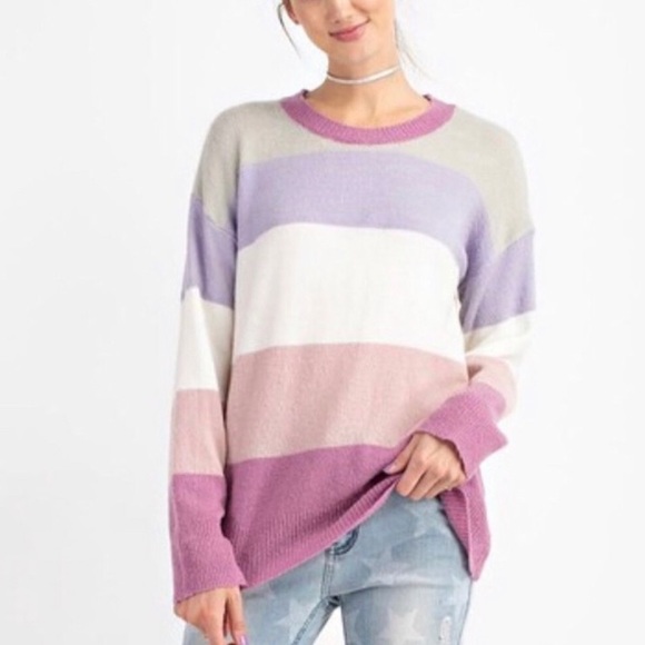 easel Sweaters - NWT Easel Lavender and Gray Crew Striped Sweater